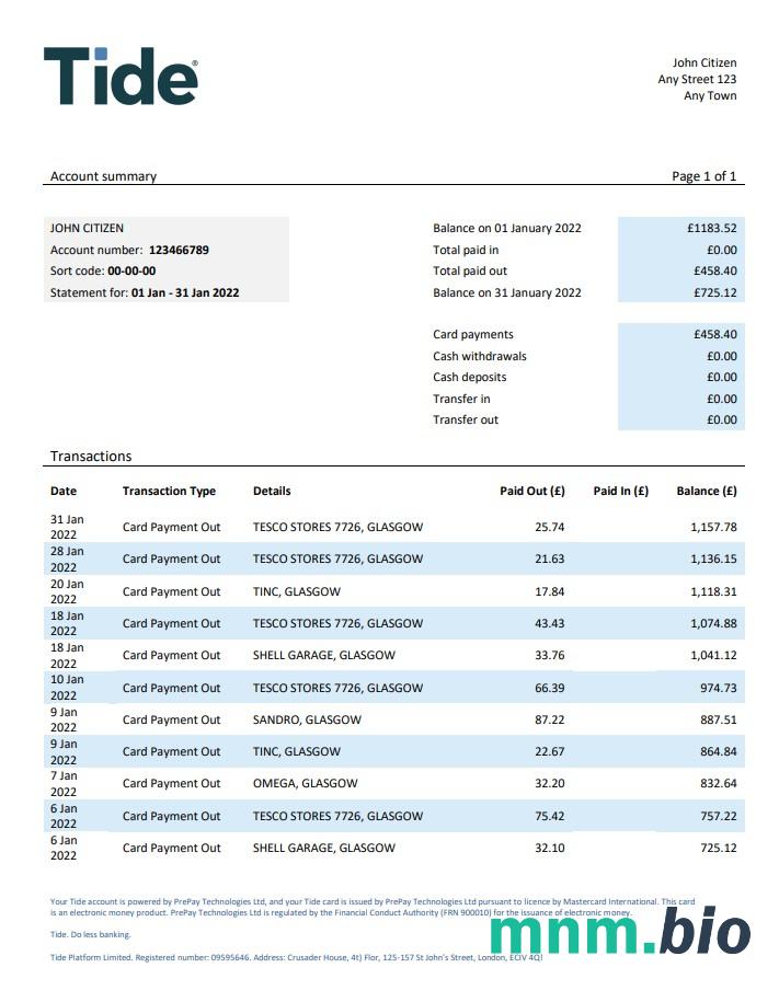 Wyciąg z banku Tide w Wielkiej Brytanii, szablon Excel i PDF
